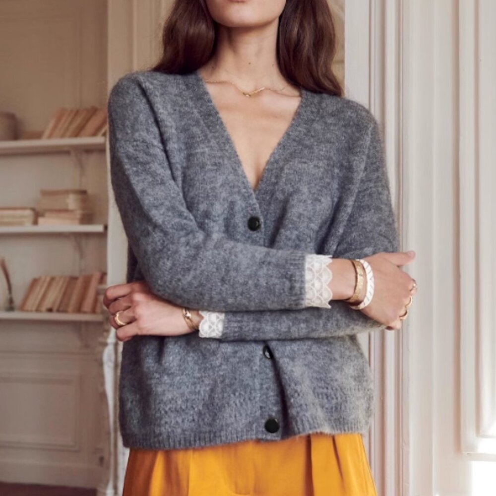 NWT Sezane Charles Cardigan Heather Gray Knit Sweater French Lace Wool